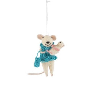 Ornament Mouse w/Baby Turquoise Outfit Felt