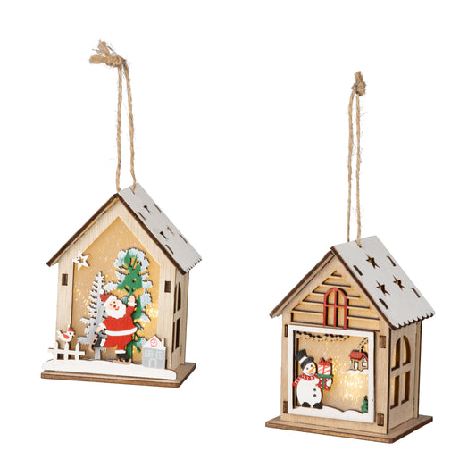 Wood Santa and Snowman LED ornament