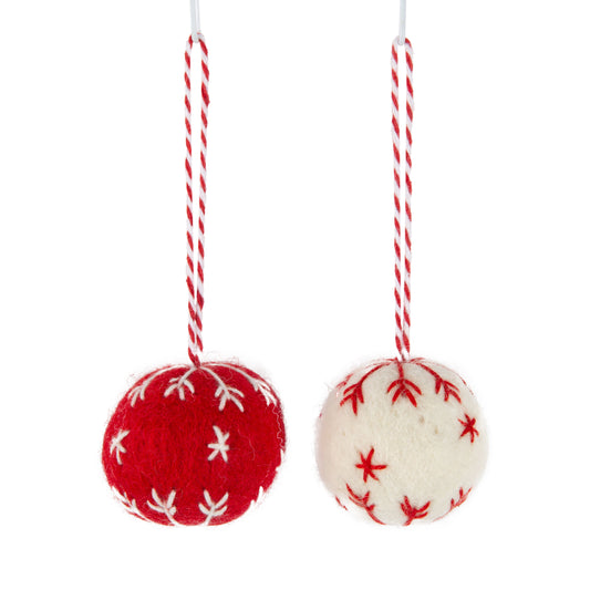 Ornament Felt Ball Red and White with Snowflake